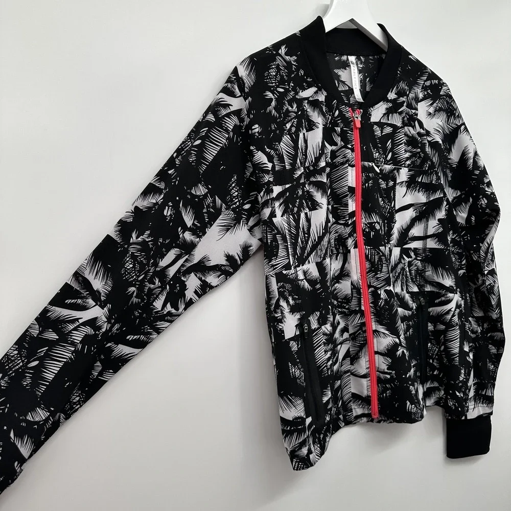 Fabletics Jacket Womens Large Black White Palm Print Full Zip Athletic Pockets‎